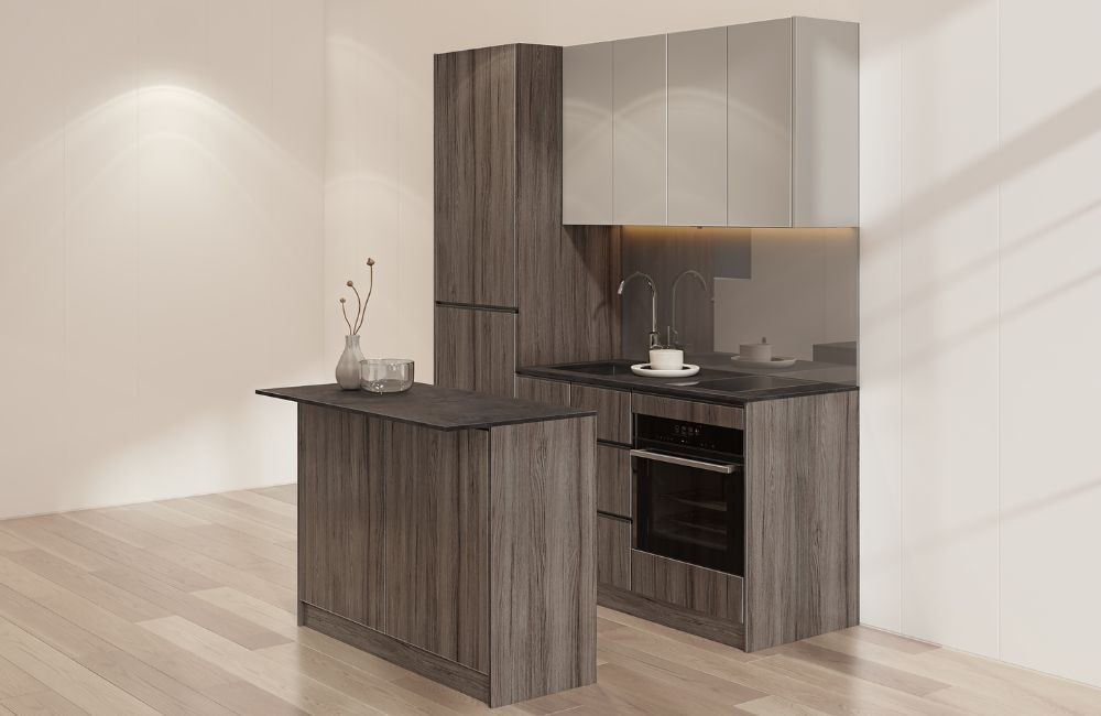 Lava gray med överskåp i massivt gråmålat trä (Premiumkök med köksö)+79 900 SEK